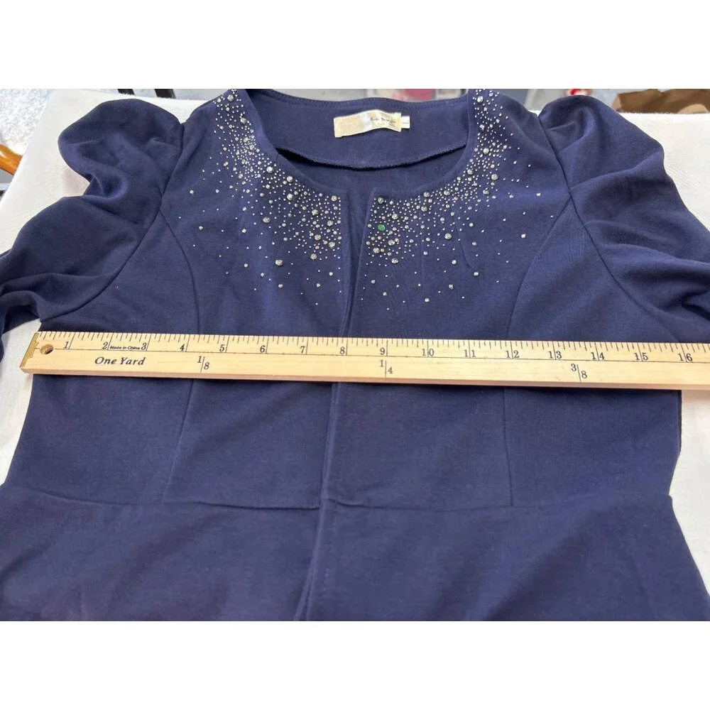 Eva Braun Puff Sleeve Cardigan Jacket Womens SM Navy Blue Rhinestone - Picture 9 of 10